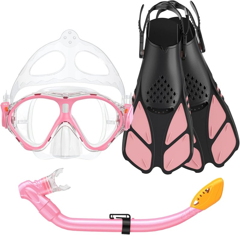 Seovediary Kids Snorkel Set, Mask Fins Snorkeling Gear for Kids Anti-Fog Swim Goggles 180 Panoramic View Dry Top Snorkel and Dive Flippers Combo with Travel Bag for Snorkeling Training Swimming Diving - Image 1